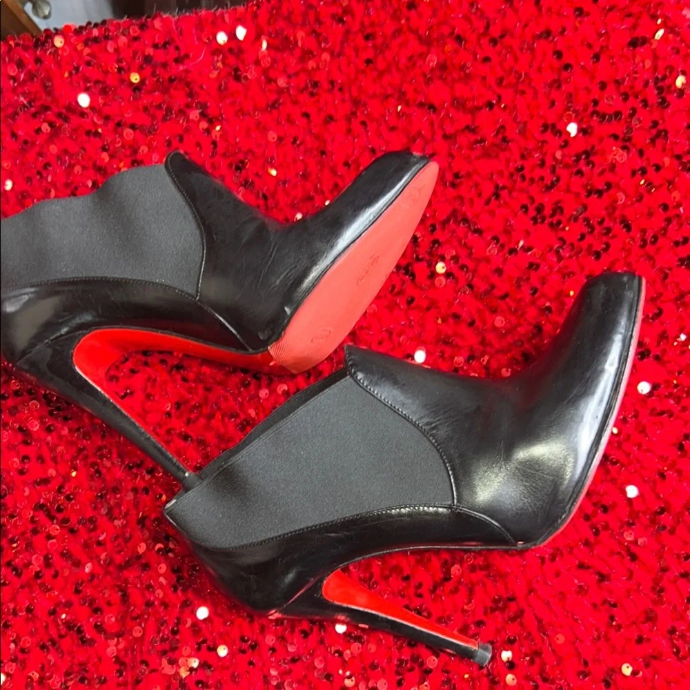 Christian Louboutins Ankle Booties Black Leather Red BottomsWomen's High Heels - Picture 2 of 13